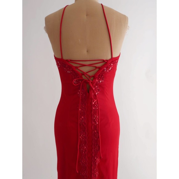 fairycore halter dress | Vintage slip dress gown cherry red corset back S - Picture 8 of 10